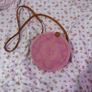 Tan and Pink Spiral Woven Crossbody Bag